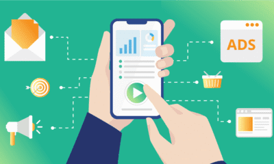 Thumbnail e imagem de smartphone com gráficos e anúncios digitais.