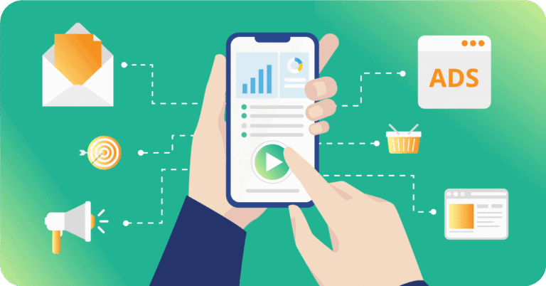 Thumbnail e imagem de smartphone com gráficos e anúncios digitais.