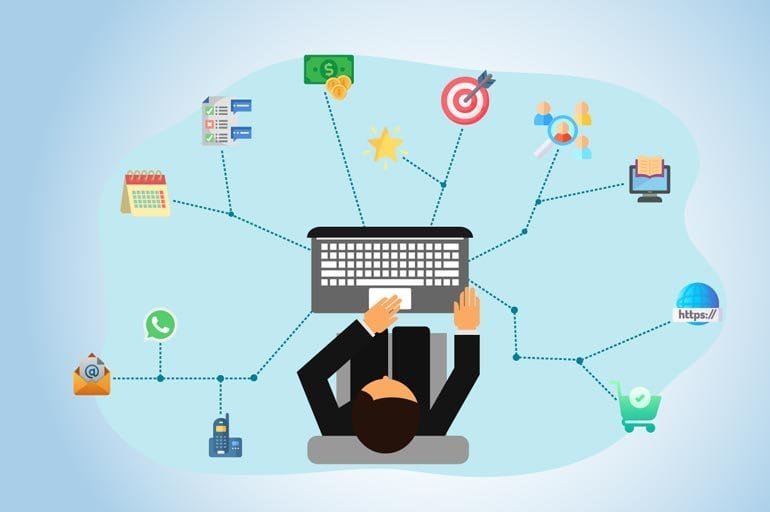 Conexões de tecnologia e internet, comunicação digital, inovação em TI, marketing digital, e-commerce, aplicativos móveis, segurança online, redes sociais, suporte técnico, transformação digital.