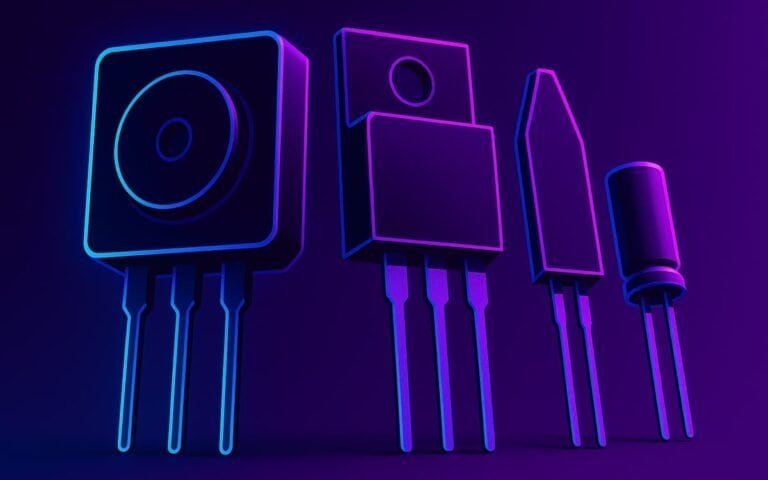 Componentes eletrônicos em néon com fundo escuro.