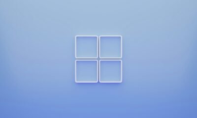 4. Quatro quadrados brancos em fundo azul, símbolo de tecnologia e inovação.