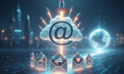 Tecnologia, nuvem e inovação com foguetes digitais e comunicação global.