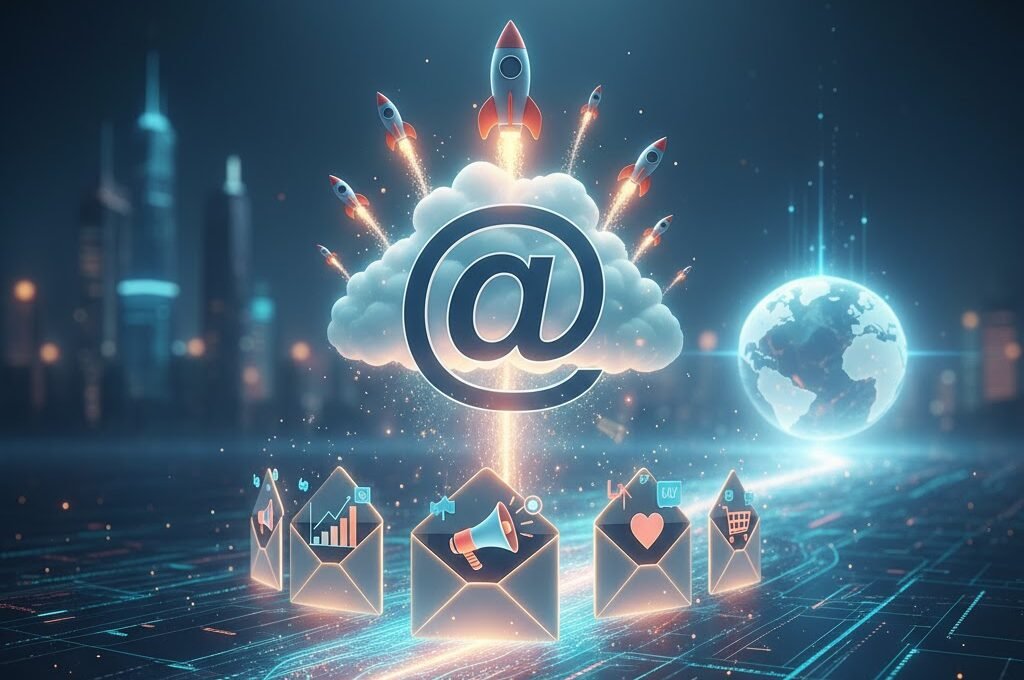 Tecnologia, nuvem e inovação com foguetes digitais e comunicação global.