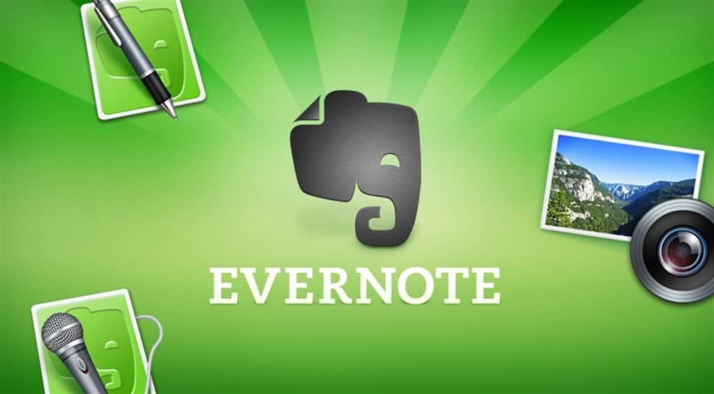 Evernote app com notas, fotos e gravações, ferramenta de produtividade e organização digital.