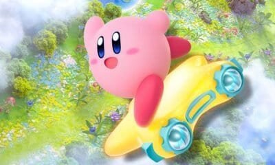 Pink Kirby flying on a yellow hoverboard over a vibrant, colorful landscape.