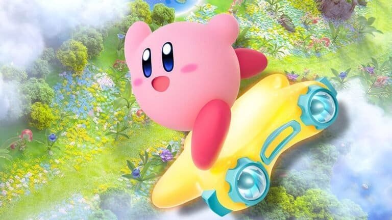 Pink Kirby flying on a yellow hoverboard over a vibrant, colorful landscape.