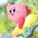 Pink Kirby flying on a yellow hoverboard over a vibrant, colorful landscape.