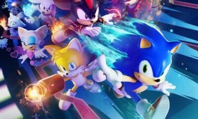 Sonic e personagens do universo Sonic the Hedgehog em ação com efeitos de velocidade e energia.