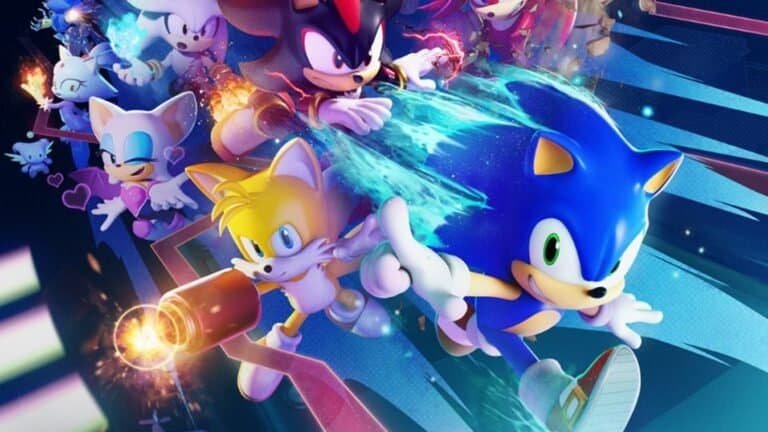 Sonic e personagens do universo Sonic the Hedgehog em ação com efeitos de velocidade e energia.