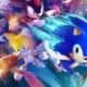Sonic e personagens do universo Sonic the Hedgehog em ação com efeitos de velocidade e energia.