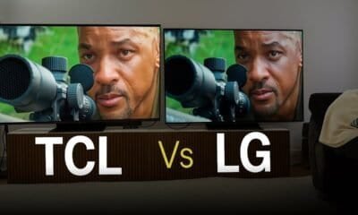 Homem observando televisores TCL versus LG com qualidade de imagem.