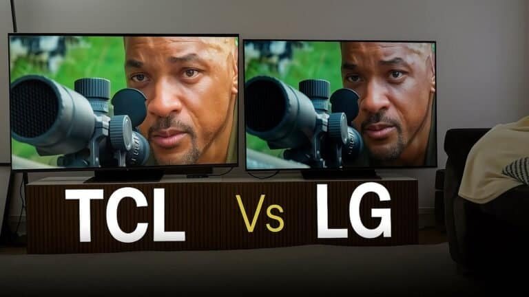 Homem observando televisores TCL versus LG com qualidade de imagem.