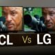 Homem observando televisores TCL versus LG com qualidade de imagem.