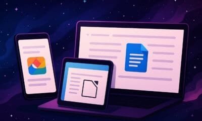 Arquivos digitais em dispositivos móveis e computadores com tema de tecnologia e documentos digitais.