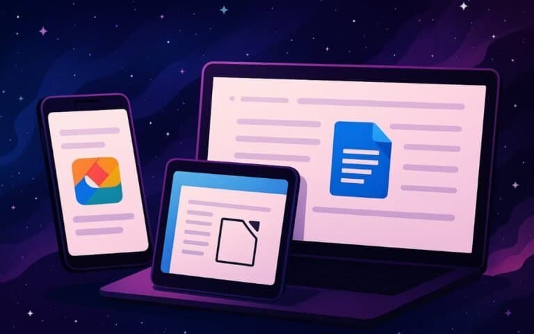 Arquivos digitais em dispositivos móveis e computadores com tema de tecnologia e documentos digitais.