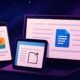 Arquivos digitais em dispositivos móveis e computadores com tema de tecnologia e documentos digitais.