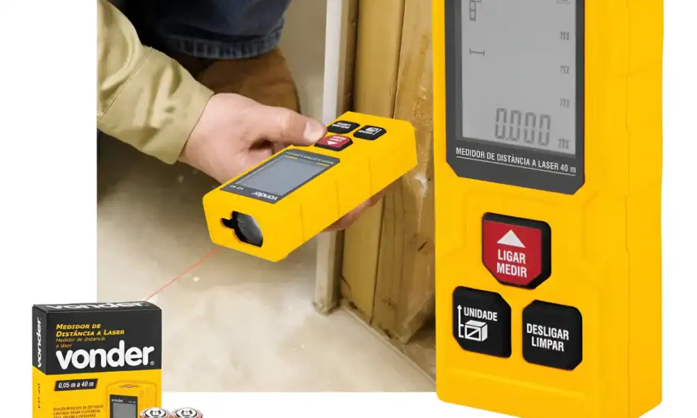 Controle preciso de medição até 40 metros com laser, ideal para trabalhos de construção, reformas e montagem.