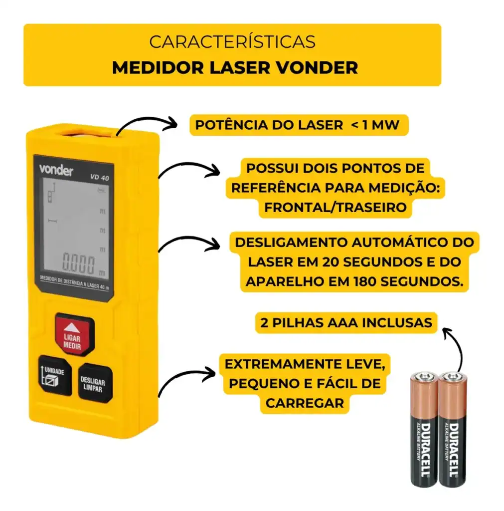 Medidor laser compacto com duas pontas de referência frontal e traseira.
