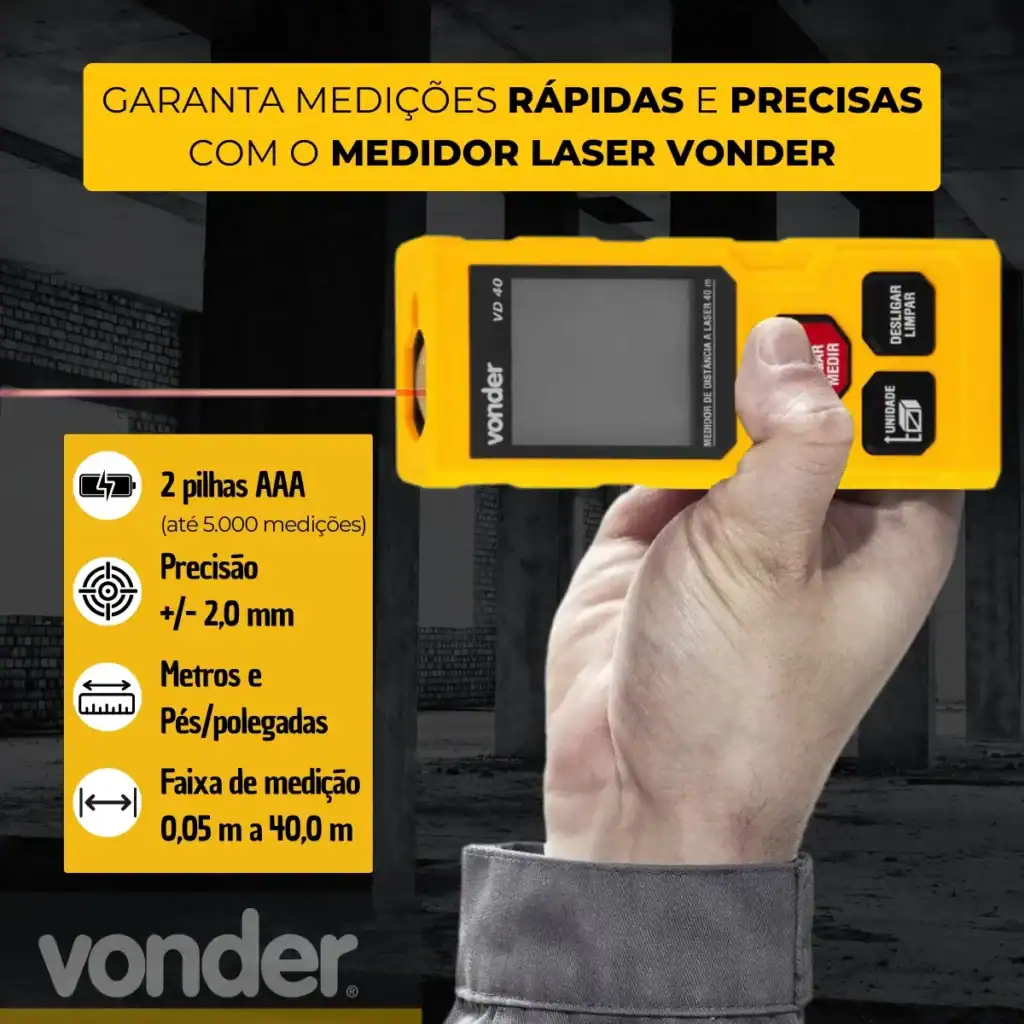 ALT: Medidor laser Vonder com tela digital, precisão de +/- 2mm e alcance até 40m.