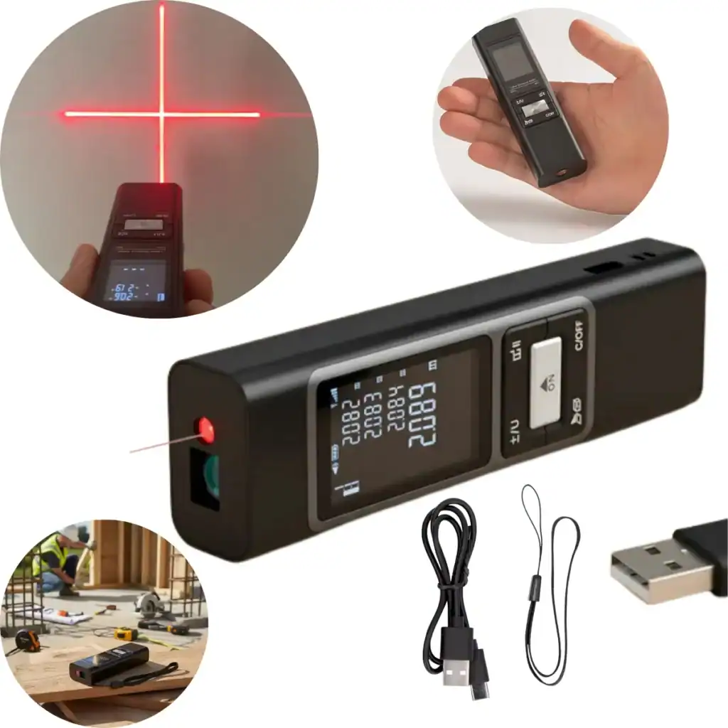 Dispositivo de medição laser de alta precisão com tela digital e funções avançadas.