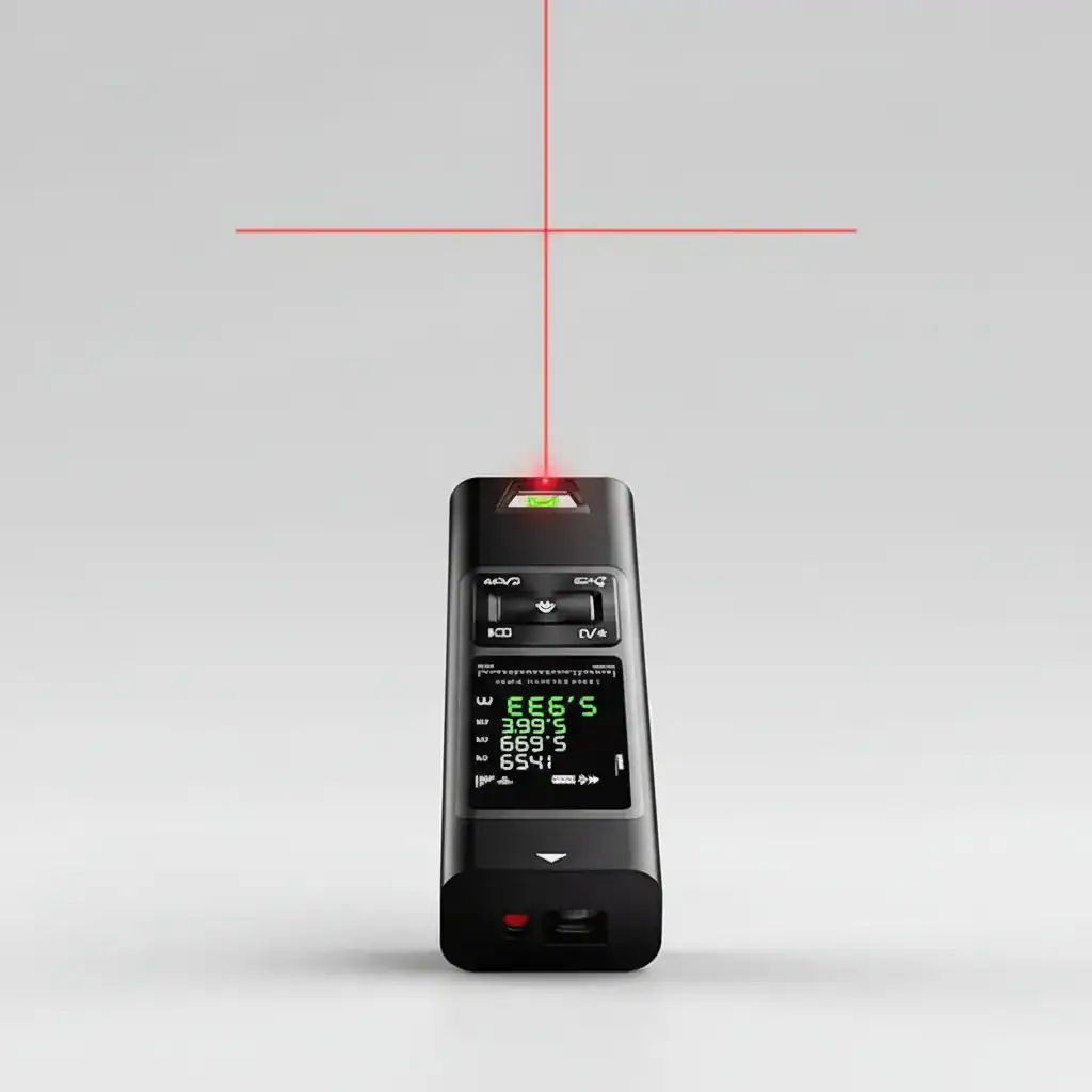 Medidor a laser portátil com tela digital, ideal para medições precisas em construções e projetos de engenharia.