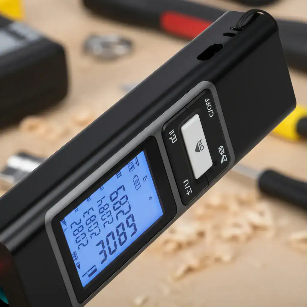 Aplicativo de medição digital com tela LCD iluminada para projetos de construção.