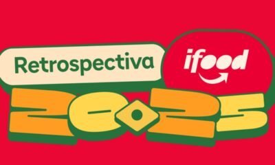 Imagem de logo do iFood com destaque para "Retrospectiva" em fundo vermelho, com elementos gráficos coloridos e referências a tecnologia e delivery de alimentos.