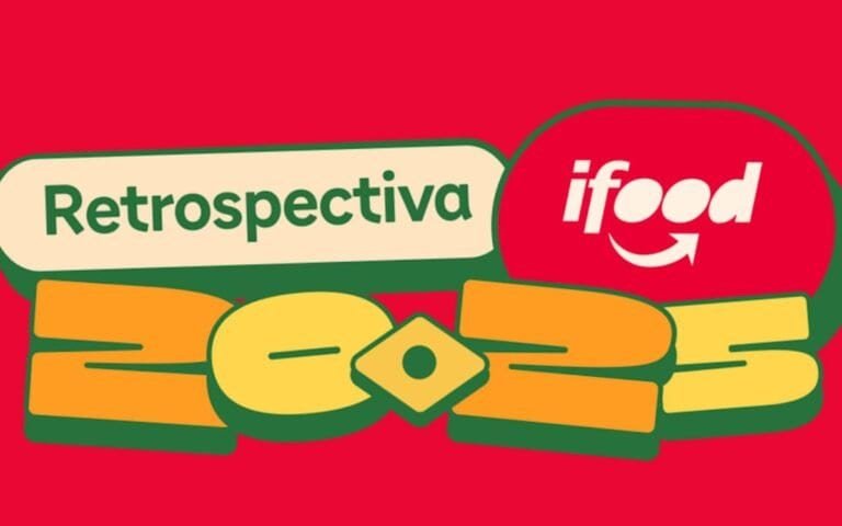 Imagem de logo do iFood com destaque para "Retrospectiva" em fundo vermelho, com elementos gráficos coloridos e referências a tecnologia e delivery de alimentos.