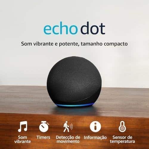 Echo Dot, alto-falante inteligente compacto com som vibrante e recursos de detecção de movimento.