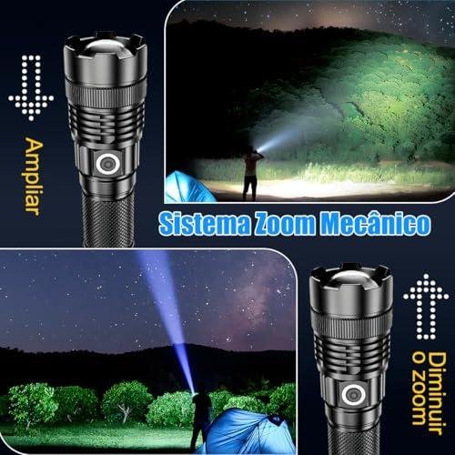         Lanterna Tática Recarregável USB-C 10000 Lúmens, Zoom Ajustável 1000m - IPX7 à Prova D'Água, Power Bank, Portátil e Potente p/Caça, Pesca, Emergências, Militar, Sobrevivência e Aventuras       