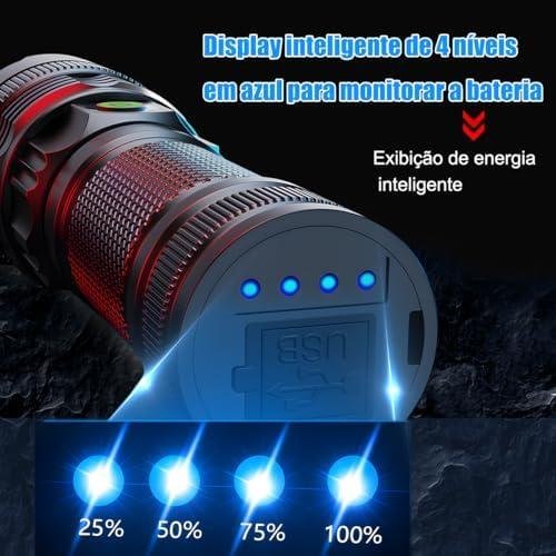         Lanterna Tática Recarregável USB-C 10000 Lúmens, Zoom Ajustável 1000m - IPX7 à Prova D'Água, Power Bank, Portátil e Potente p/Caça, Pesca, Emergências, Militar, Sobrevivência e Aventuras       