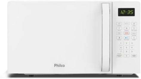 Micro-ondas digital com painel de controle e display de hora.