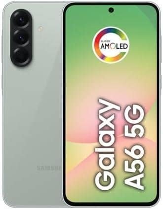 Smartphone Samsung Galaxy A56 5G com câmera tripla e tela AMOLED.