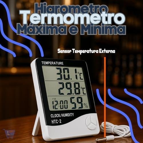         Termômetro Digital E Higrômetro Para Medição De Temperatura e Umidade Do Ar Máxima/Minima Com Relógio Digital Para Freezer Geladeira Aquario Chocadeira Empresarial Cabo Linha de Qualidade Premium       