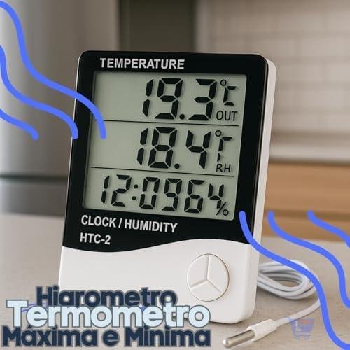         Termômetro Digital E Higrômetro Para Medição De Temperatura e Umidade Do Ar Máxima/Minima Com Relógio Digital Para Freezer Geladeira Aquario Chocadeira Empresarial Cabo Linha de Qualidade Premium       
