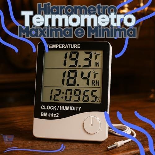         Termômetro Digital E Higrômetro Para Medição De Temperatura e Umidade Do Ar Máxima/Minima Com Relógio Digital Para Freezer Geladeira Aquario Chocadeira Empresarial Cabo Linha de Qualidade Premium       