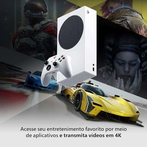 Console Xbox Series S com jogos e transmissão em 4K.