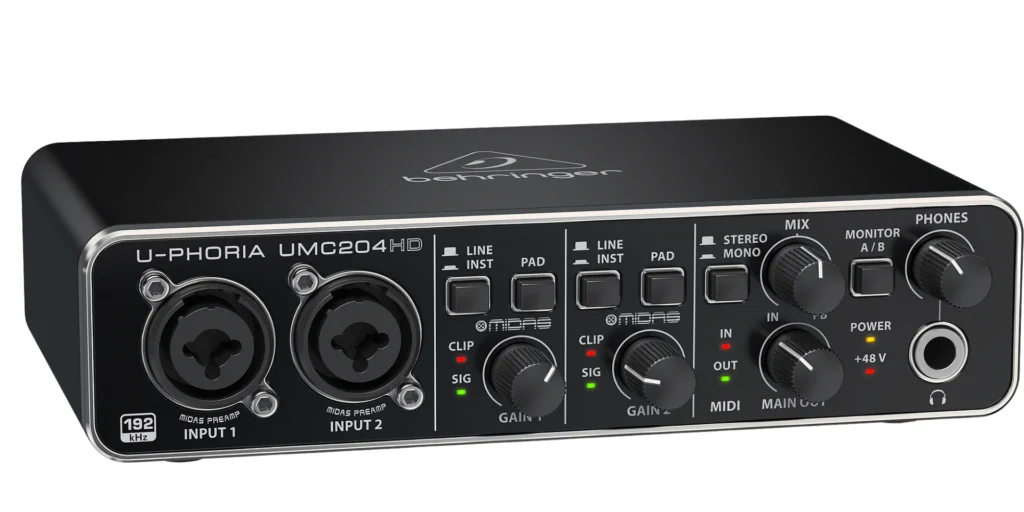 Interface de áudio U-Phoria UMC204HD para gravação de alta qualidade. Conexões USB, entradas XLR e M.