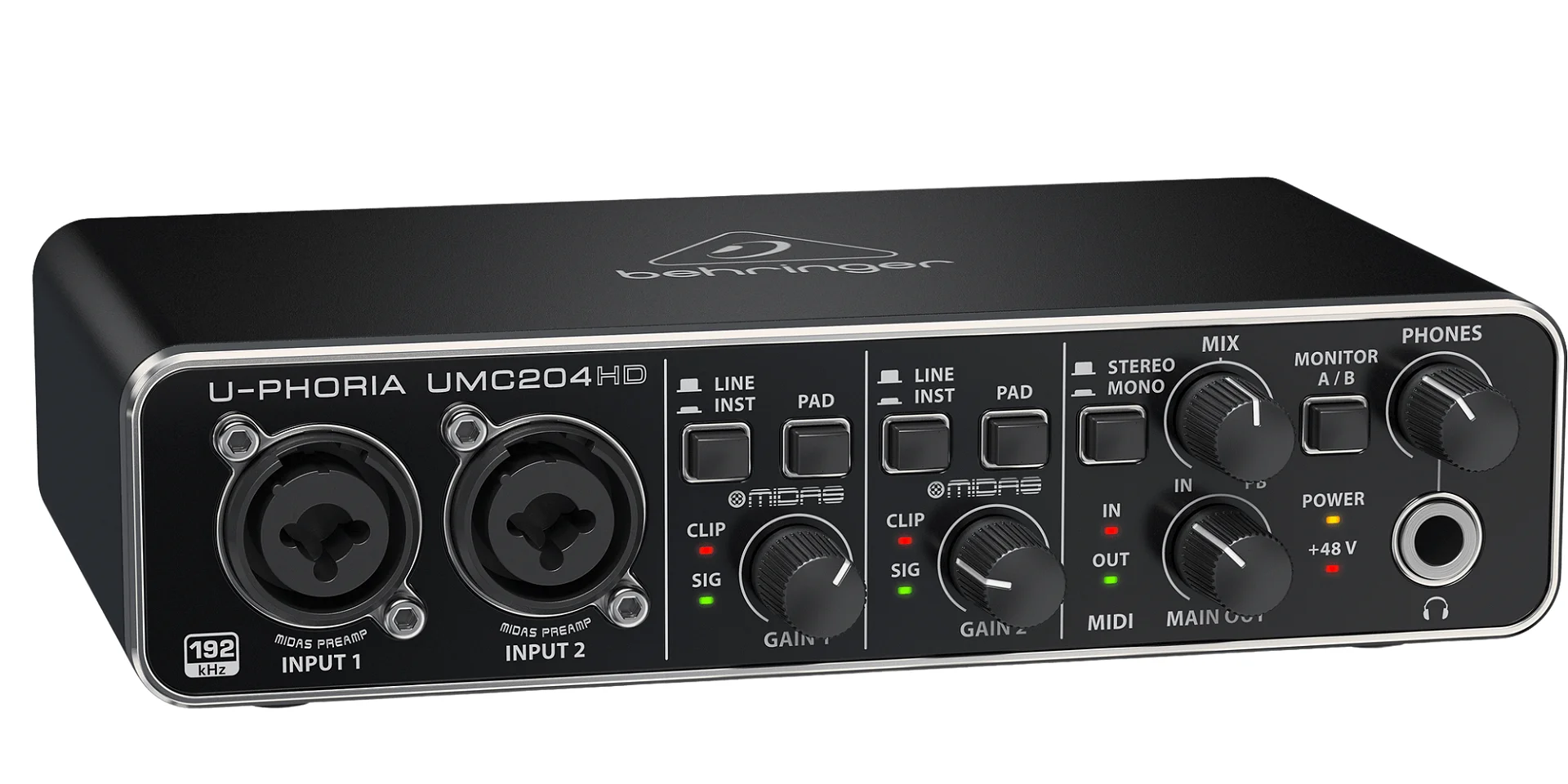 Interface de áudio U-Phoria UMC204HD para gravação de alta qualidade. Conexões USB, entradas XLR e M.