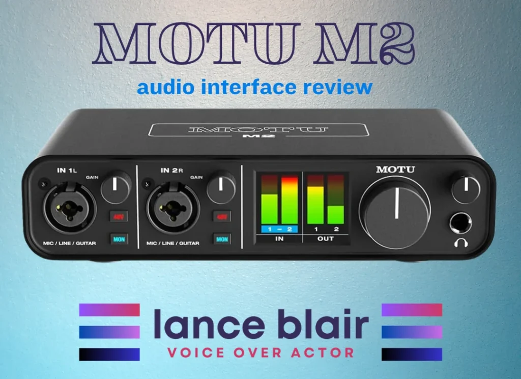 Interface de áudio MOTU M2 com entrada XLR e controle de volume, ideal para gravações profissiona.