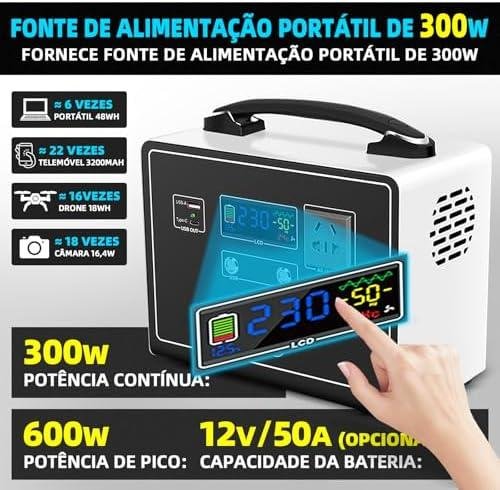 Fonte portátil de 300W com tela touch, display digital e capacidade de 12V/50A.