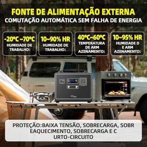 Fonte de alimentação externa para grill elétrico compacto, ideal para uso ao ar livre.
