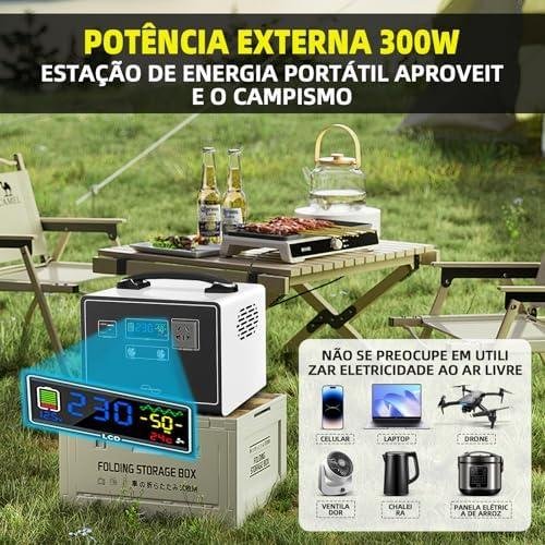 Gerador portátil de 300W para camping, com armazenamento e energia ao ar livre.