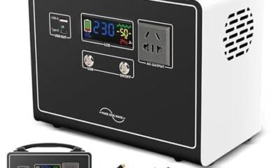 Gerador portátil de energia com display digital, tomada, USB e saída AC para uso em emergências.