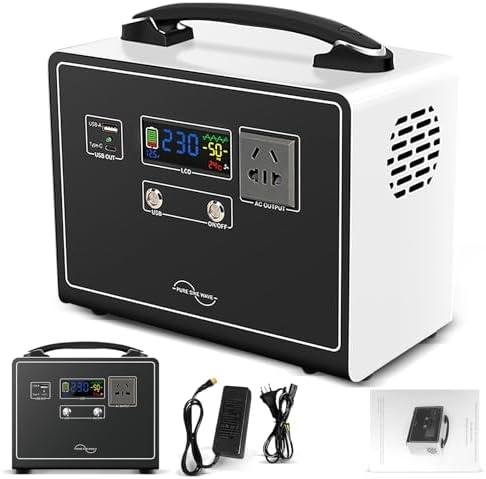 Gerador portátil de energia com display digital, tomada, USB e saída AC para uso em emergências.