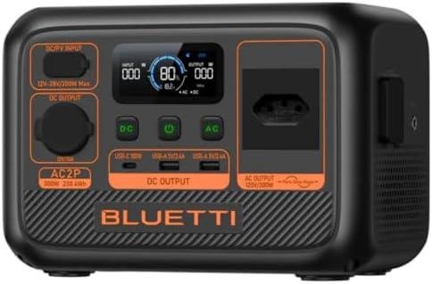 Bateria portátil Bluetti com display digital mostrando níveis de carga e saída de energia. Ideal par.