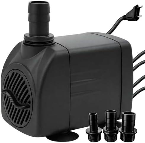 Bomba de água submersível preta com mangueiras e conexão elétrica, ideal para sistemas de irrigação.