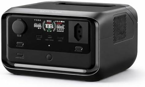 Carregador portátil de energia com display digital, múltiplas portas USB e tomada elétrica, ideal pa.