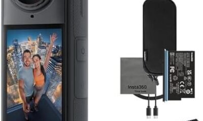 Câmera de ação Insta360 com tela, bateria, suporte e bolsa de proteção, ideal para gravações em alta.