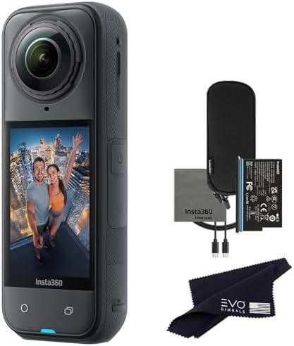 Câmera de ação Insta360 com tela, bateria, suporte e bolsa de proteção, ideal para gravações em alta.
